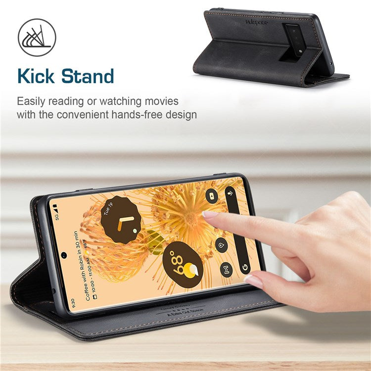 AUTSPACE A01 Series for Google Pixel 6 Pro PU Leather Case RFID Blocking Retro Wallet Stand Flip Cover - Black