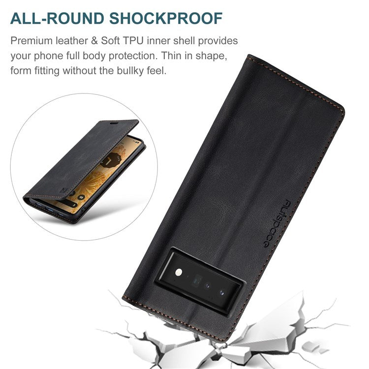 AUTSPACE A01 Series for Google Pixel 6 Pro PU Leather Case RFID Blocking Retro Wallet Stand Flip Cover - Black