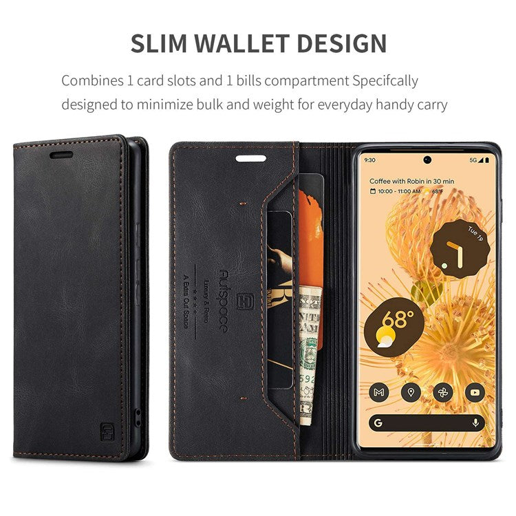 AUTSPACE A01 Series for Google Pixel 6 Pro PU Leather Case RFID Blocking Retro Wallet Stand Flip Cover - Black