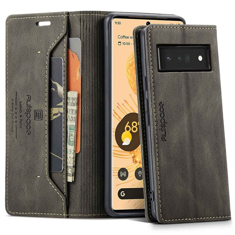 AUTSPACE A01 Series for Google Pixel 6 Pro PU Leather Case RFID Blocking Retro Wallet Stand Flip Cover - Coffee