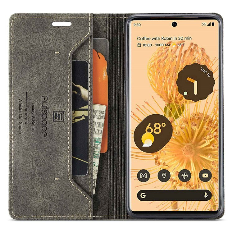 AUTSPACE A01 Series for Google Pixel 6 Pro PU Leather Case RFID Blocking Retro Wallet Stand Flip Cover - Coffee
