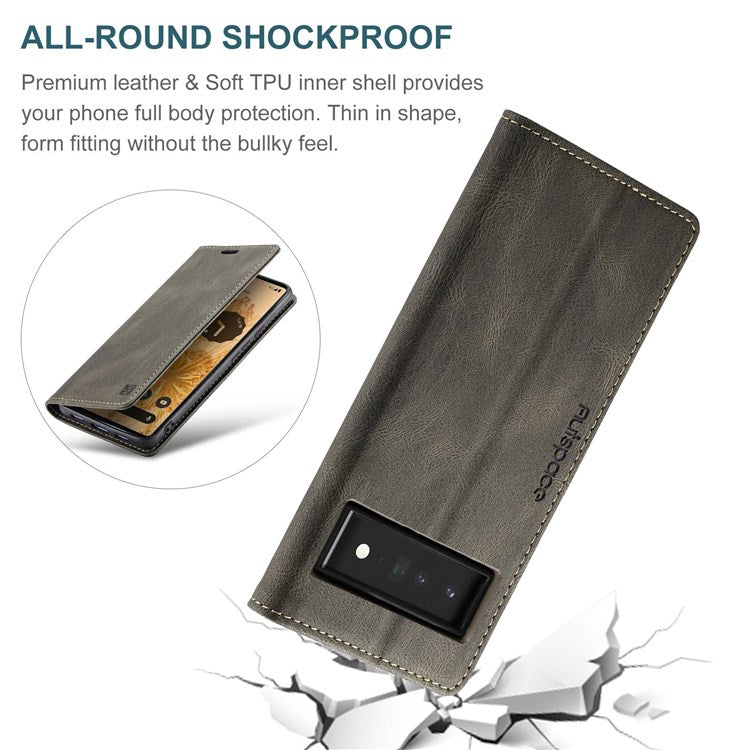 AUTSPACE A01 Series for Google Pixel 6 Pro PU Leather Case RFID Blocking Retro Wallet Stand Flip Cover - Coffee