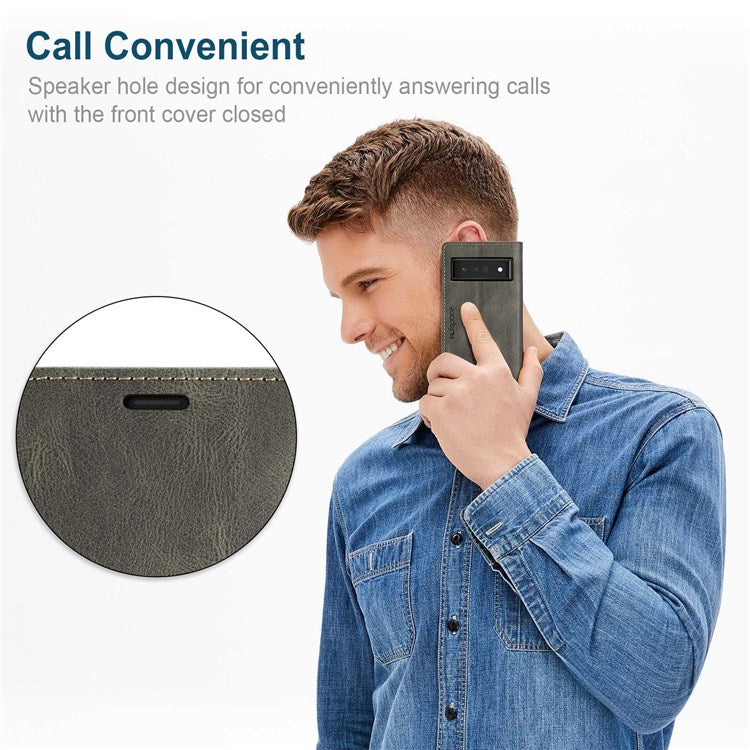 AUTSPACE A01 Series for Google Pixel 6 Pro PU Leather Case RFID Blocking Retro Wallet Stand Flip Cover - Coffee