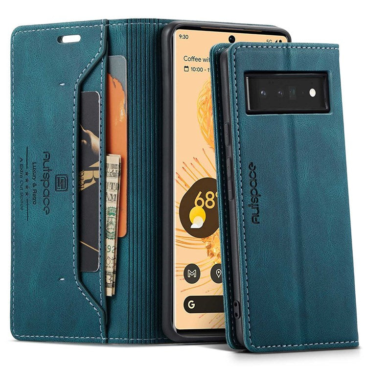 AUTSPACE A01 Series for Google Pixel 6 Pro PU Leather Case RFID Blocking Retro Wallet Stand Flip Cover - Blue