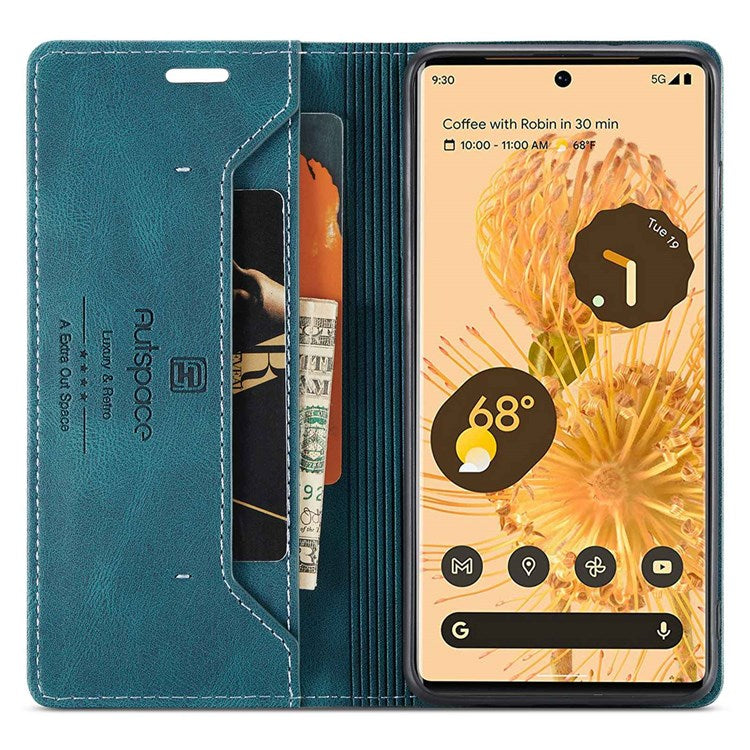 AUTSPACE A01 Series for Google Pixel 6 Pro PU Leather Case RFID Blocking Retro Wallet Stand Flip Cover - Blue