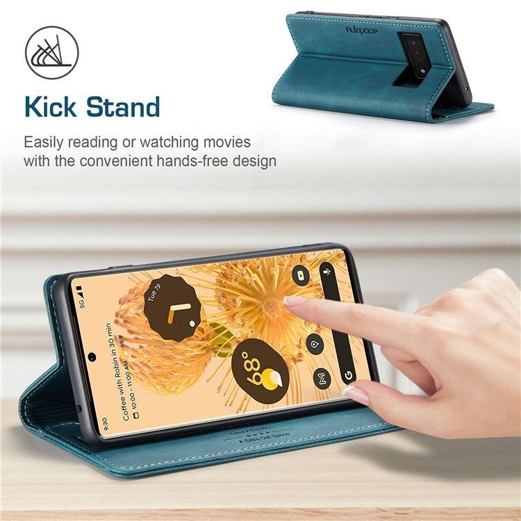 AUTSPACE A01 Series for Google Pixel 6 Pro PU Leather Case RFID Blocking Retro Wallet Stand Flip Cover - Blue