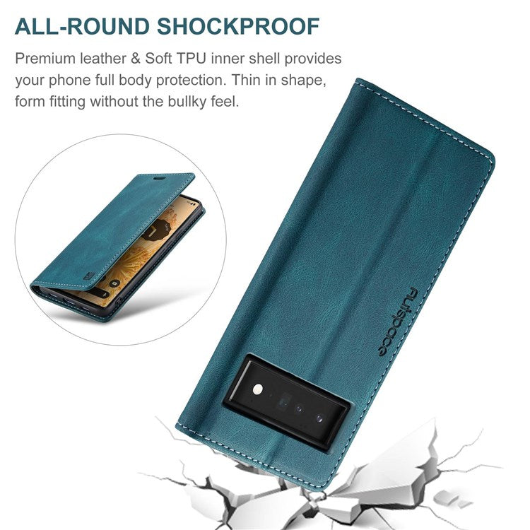 AUTSPACE A01 Series for Google Pixel 6 Pro PU Leather Case RFID Blocking Retro Wallet Stand Flip Cover - Blue