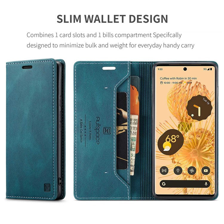 AUTSPACE A01 Series for Google Pixel 6 Pro PU Leather Case RFID Blocking Retro Wallet Stand Flip Cover - Blue