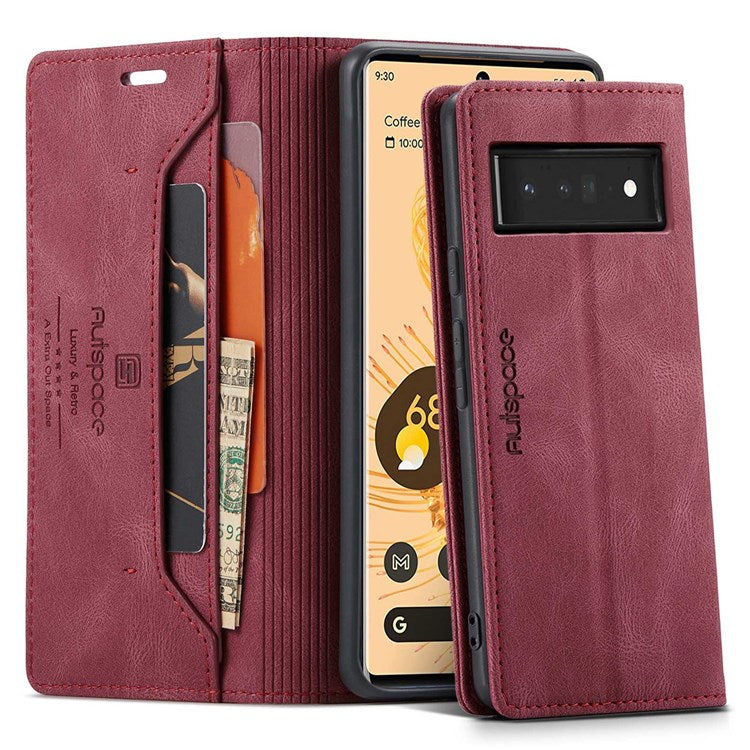 AUTSPACE A01 Series for Google Pixel 6 Pro PU Leather Case RFID Blocking Retro Wallet Stand Flip Cover - Red