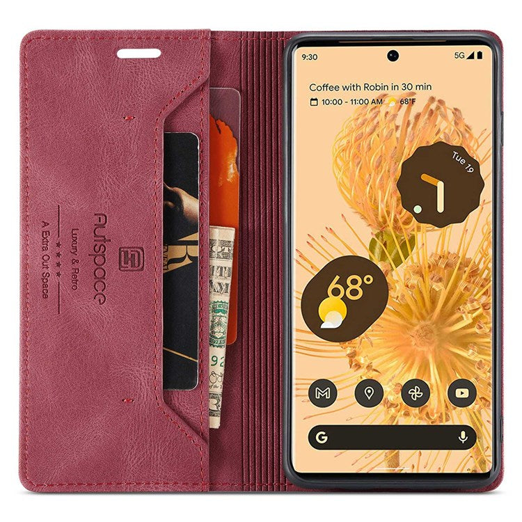 AUTSPACE A01 Series for Google Pixel 6 Pro PU Leather Case RFID Blocking Retro Wallet Stand Flip Cover - Red