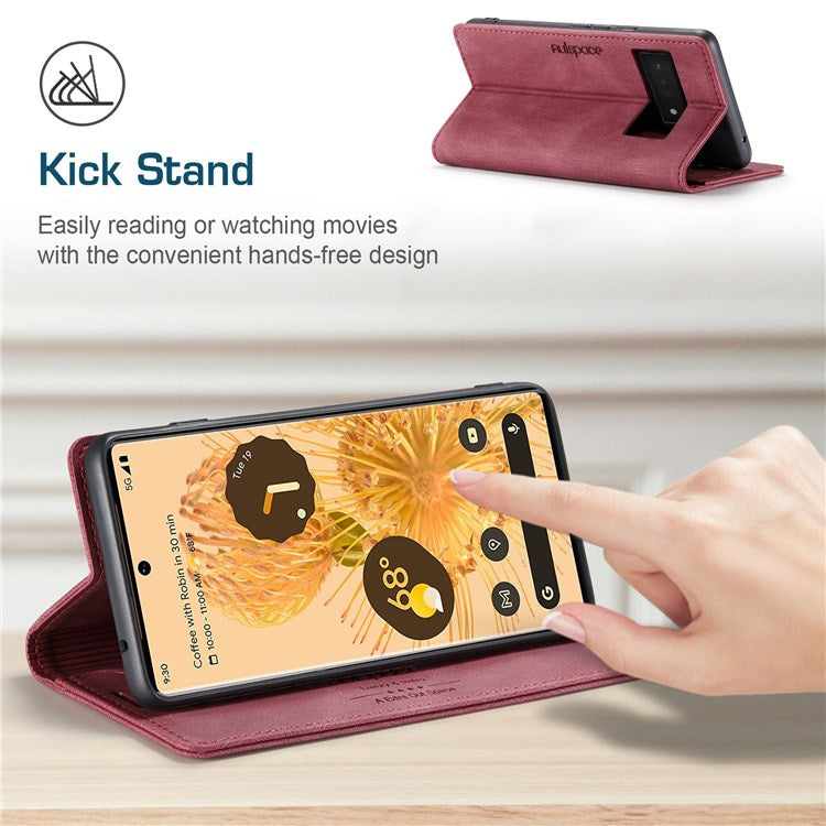 AUTSPACE A01 Series for Google Pixel 6 Pro PU Leather Case RFID Blocking Retro Wallet Stand Flip Cover - Red