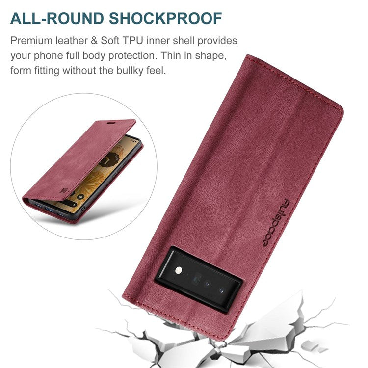 AUTSPACE A01 Series for Google Pixel 6 Pro PU Leather Case RFID Blocking Retro Wallet Stand Flip Cover - Red