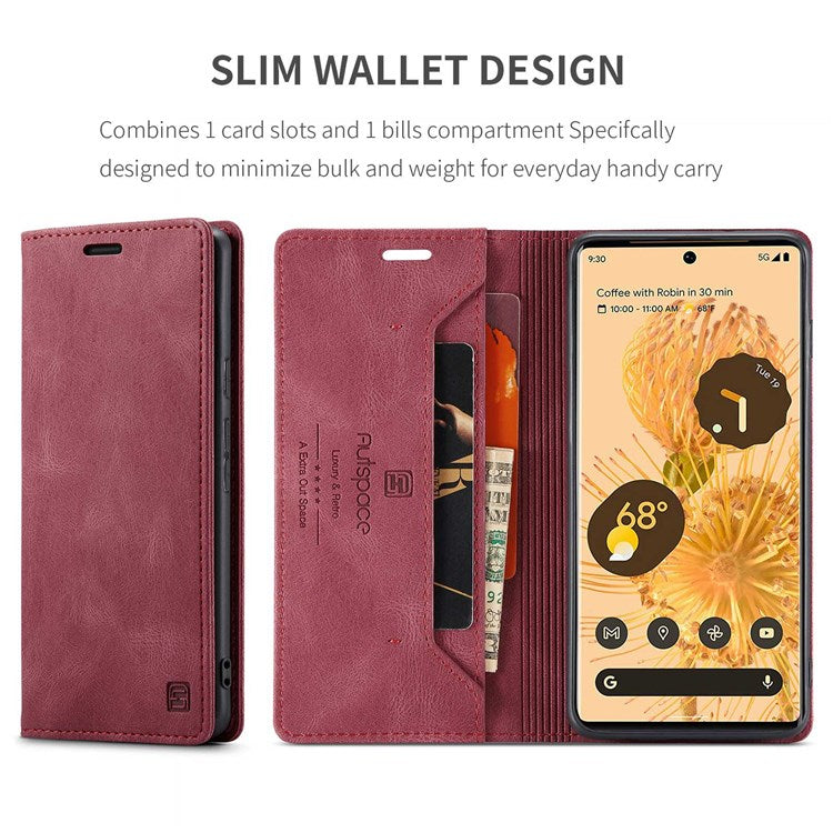 AUTSPACE A01 Series for Google Pixel 6 Pro PU Leather Case RFID Blocking Retro Wallet Stand Flip Cover - Red