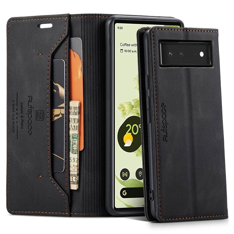 AUTSPACE A01 Series for Google Pixel 6 PU Leather Case RFID Blocking Wallet Stand Flip Cover - Black