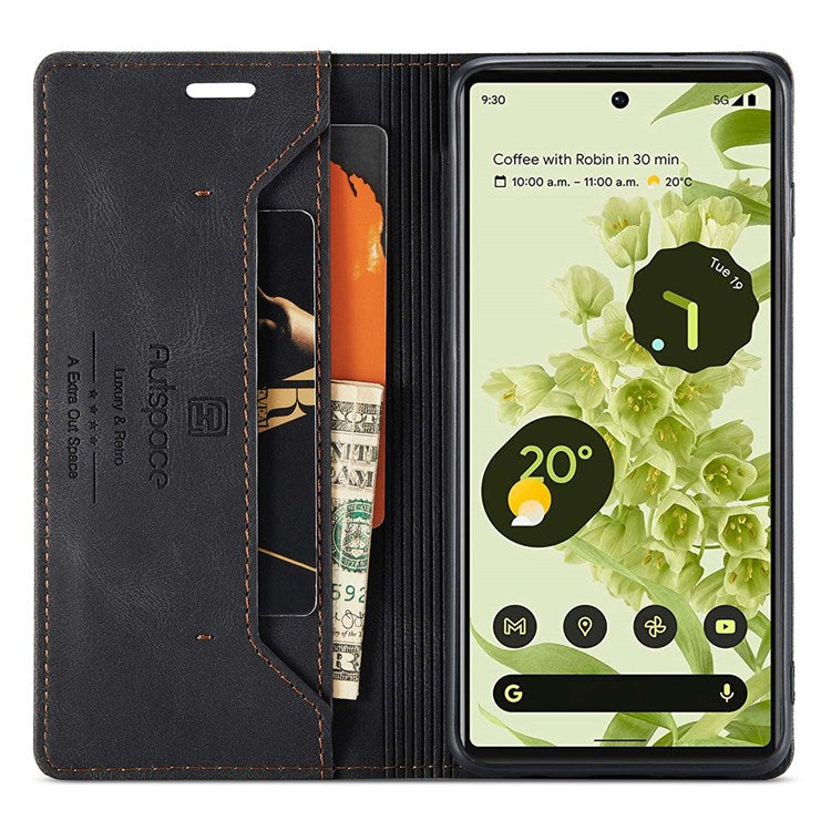 AUTSPACE A01 Series for Google Pixel 6 PU Leather Case RFID Blocking Wallet Stand Flip Cover - Black