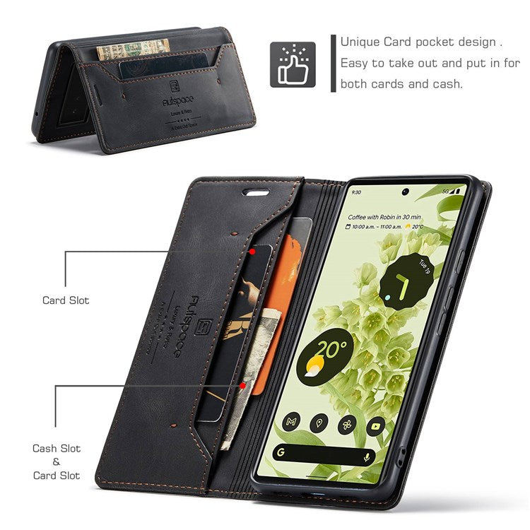 AUTSPACE A01 Series for Google Pixel 6 PU Leather Case RFID Blocking Wallet Stand Flip Cover - Black