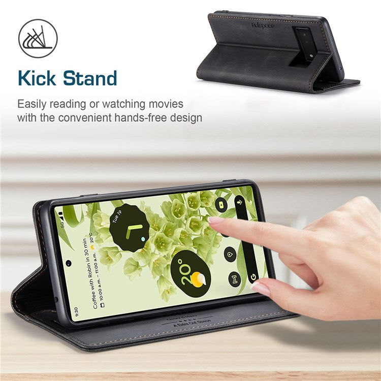 AUTSPACE A01 Series for Google Pixel 6 PU Leather Case RFID Blocking Wallet Stand Flip Cover - Black