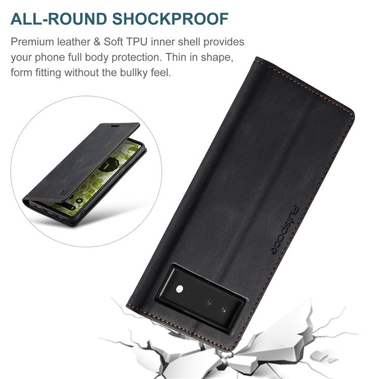 AUTSPACE A01 Series for Google Pixel 6 PU Leather Case RFID Blocking Wallet Stand Flip Cover - Black