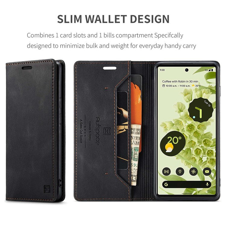 AUTSPACE A01 Series for Google Pixel 6 PU Leather Case RFID Blocking Wallet Stand Flip Cover - Black