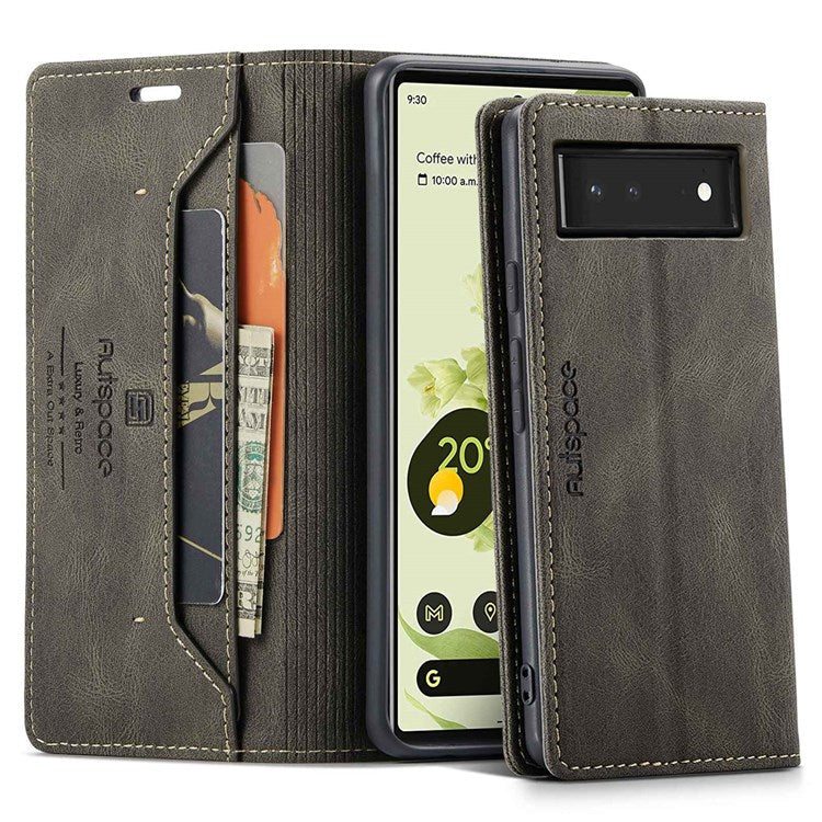 AUTSPACE A01 Series for Google Pixel 6 PU Leather Case RFID Blocking Wallet Stand Flip Cover - Coffee