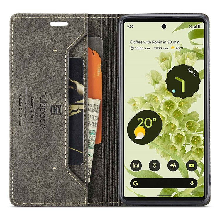 AUTSPACE A01 Series for Google Pixel 6 PU Leather Case RFID Blocking Wallet Stand Flip Cover - Coffee