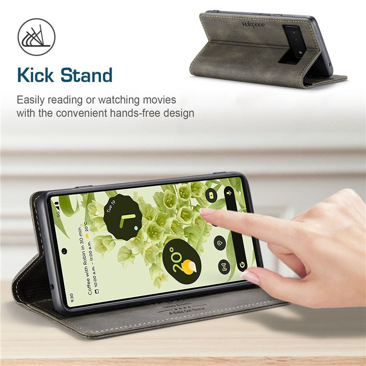 AUTSPACE A01 Series for Google Pixel 6 PU Leather Case RFID Blocking Wallet Stand Flip Cover - Coffee