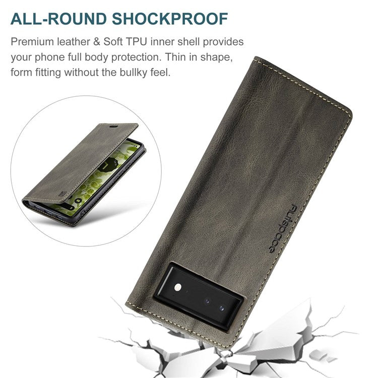 AUTSPACE A01 Series for Google Pixel 6 PU Leather Case RFID Blocking Wallet Stand Flip Cover - Coffee