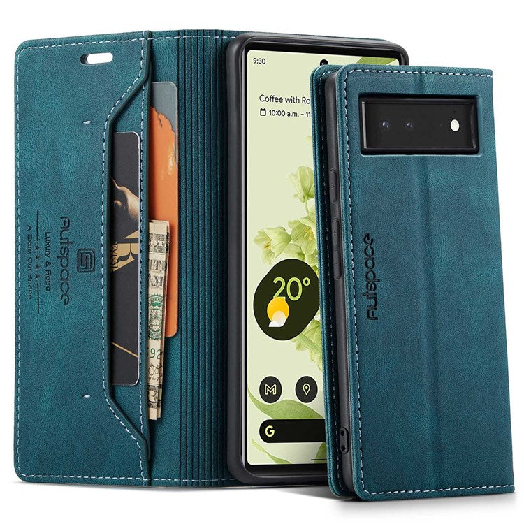 AUTSPACE A01 Series for Google Pixel 6 PU Leather Case RFID Blocking Wallet Stand Flip Cover - Blue