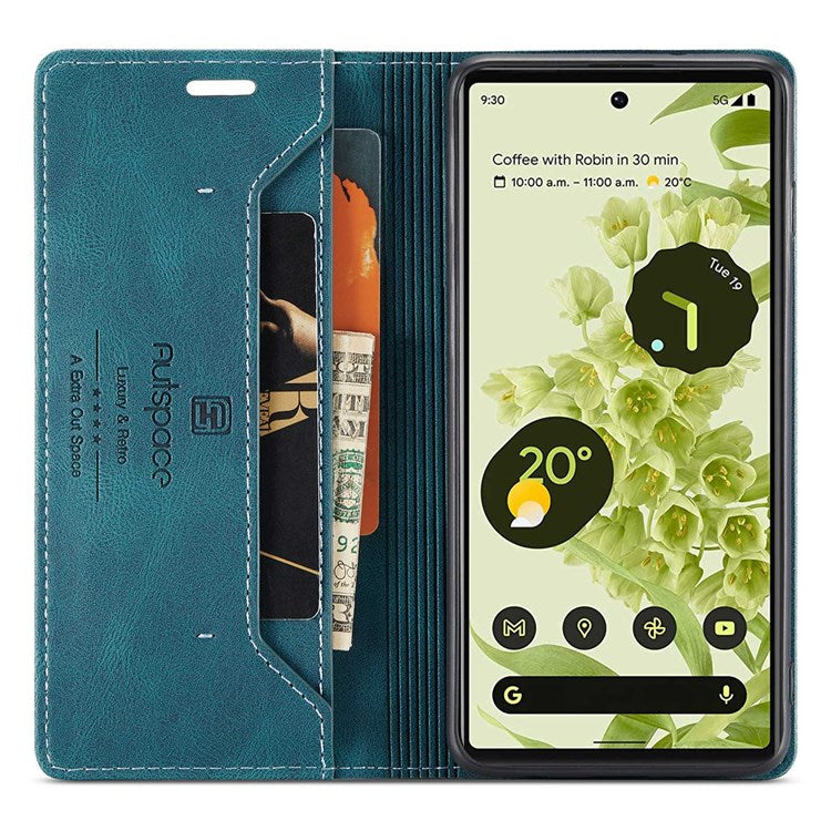 AUTSPACE A01 Series for Google Pixel 6 PU Leather Case RFID Blocking Wallet Stand Flip Cover - Blue