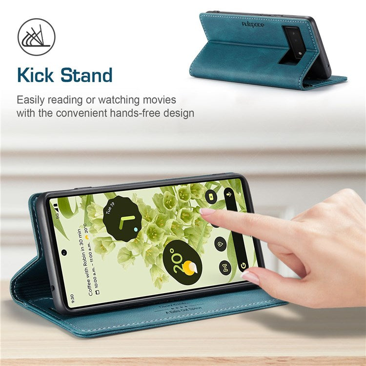 AUTSPACE A01 Series for Google Pixel 6 PU Leather Case RFID Blocking Wallet Stand Flip Cover - Blue