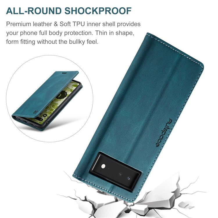 AUTSPACE A01 Series for Google Pixel 6 PU Leather Case RFID Blocking Wallet Stand Flip Cover - Blue