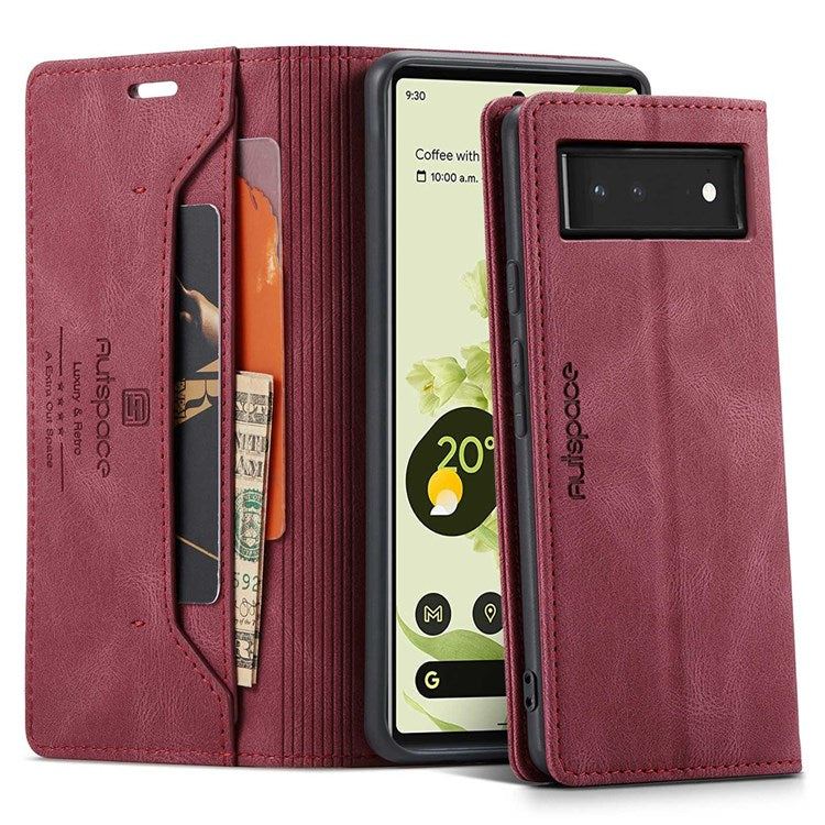 AUTSPACE A01 Series for Google Pixel 6 PU Leather Case RFID Blocking Wallet Stand Flip Cover - Red