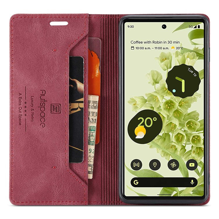 AUTSPACE A01 Series for Google Pixel 6 PU Leather Case RFID Blocking Wallet Stand Flip Cover - Red