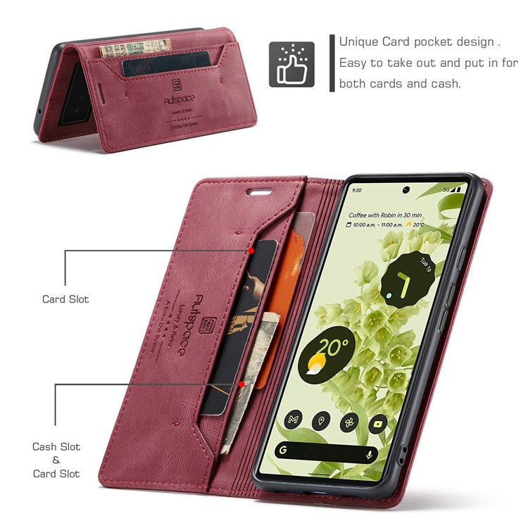 AUTSPACE A01 Series for Google Pixel 6 PU Leather Case RFID Blocking Wallet Stand Flip Cover - Red