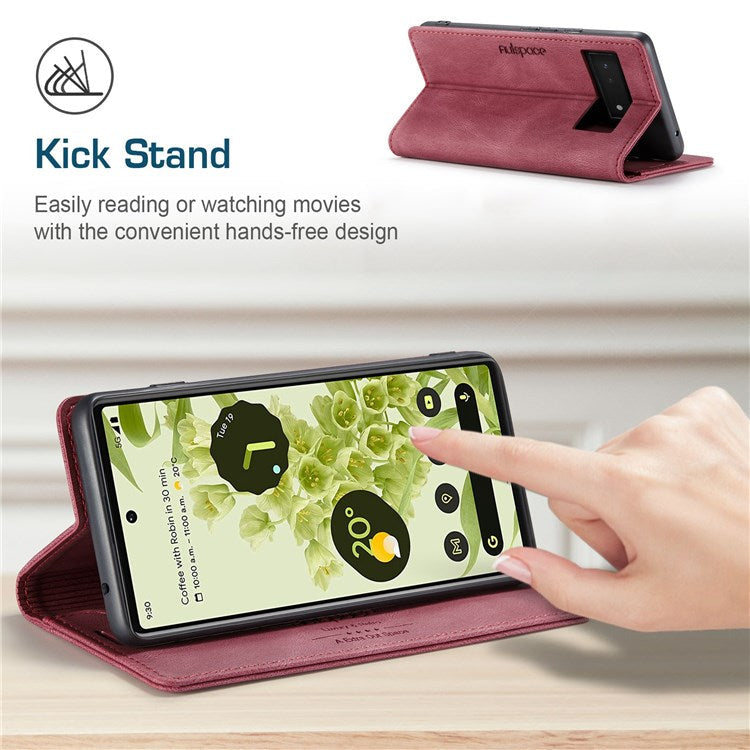 AUTSPACE A01 Series for Google Pixel 6 PU Leather Case RFID Blocking Wallet Stand Flip Cover - Red