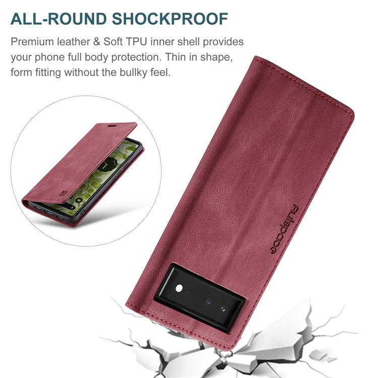 AUTSPACE A01 Series for Google Pixel 6 PU Leather Case RFID Blocking Wallet Stand Flip Cover - Red