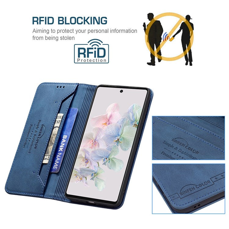 BINFEN COLOR BF Leather Series-5 for Google Pixel 7 Pro 5G RFID Blocking Wallet Phone Case PU Leather Stand Folio Cover - Blue