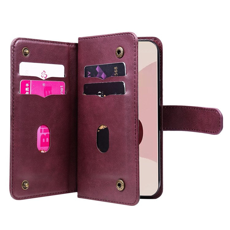 KT Multi-functional Series-1 for Google Pixel 7 Pro 5G Wallet Phone Case PU Leather 10 Card Slots Stand Folio Phone Cover - Wine Red