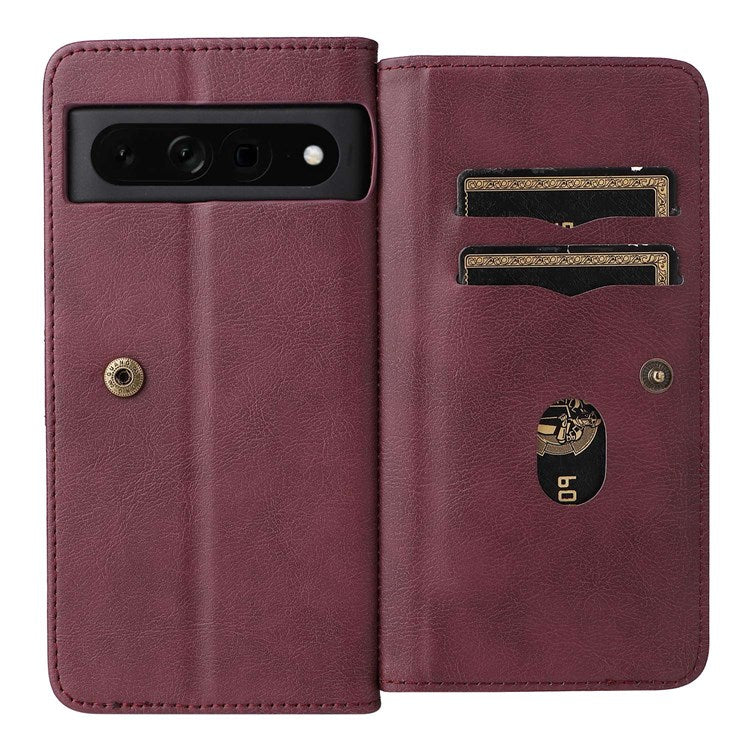KT Multi-functional Series-1 for Google Pixel 7 Pro 5G Wallet Phone Case PU Leather 10 Card Slots Stand Folio Phone Cover - Wine Red