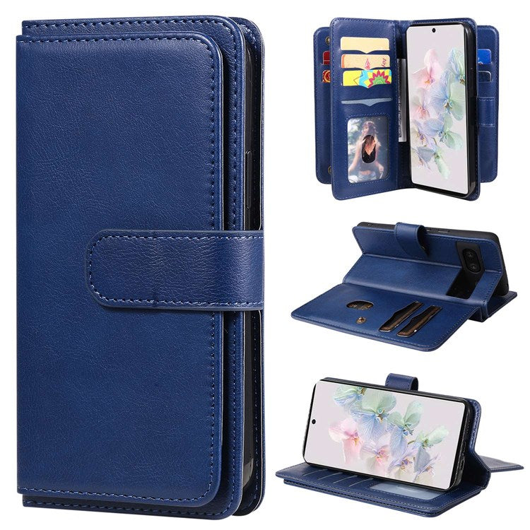 KT Multi-functional Series-1 for Google Pixel 7 PU Leather 10 Card Slots Folio Flip Cover Magnetic Closure Stand Wallet Phone Case - Dark Blue