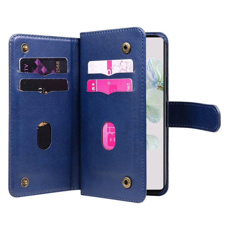 KT Multi-functional Series-1 for Google Pixel 7 PU Leather 10 Card Slots Folio Flip Cover Magnetic Closure Stand Wallet Phone Case - Dark Blue