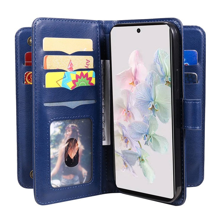 KT Multi-functional Series-1 for Google Pixel 7 PU Leather 10 Card Slots Folio Flip Cover Magnetic Closure Stand Wallet Phone Case - Dark Blue