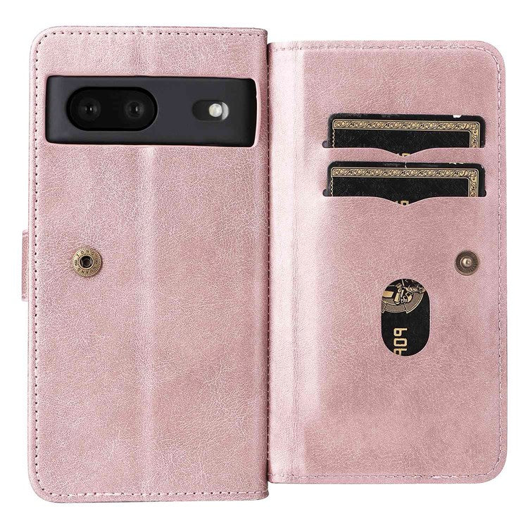 KT Multi-functional Series-1 for Google Pixel 7 PU Leather 10 Card Slots Folio Flip Cover Magnetic Closure Stand Wallet Phone Case - Rose Gold