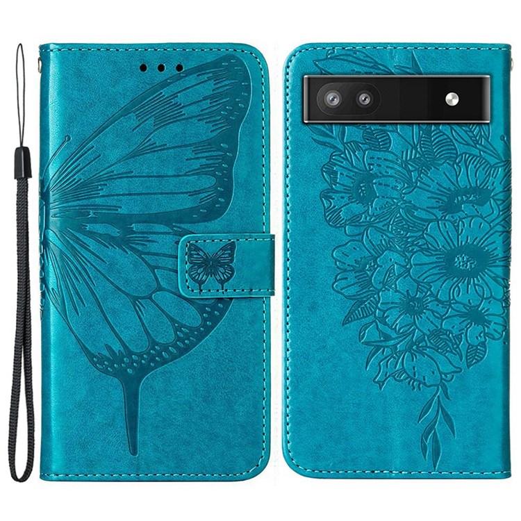 YB Imprinting Series-4 for Google Pixel 6a PU Leather Butterfly Flower Pattern Imprinted Flip Wallet Case Magnetic Closed Folding Stand Cover with Wrist Strap - Blue