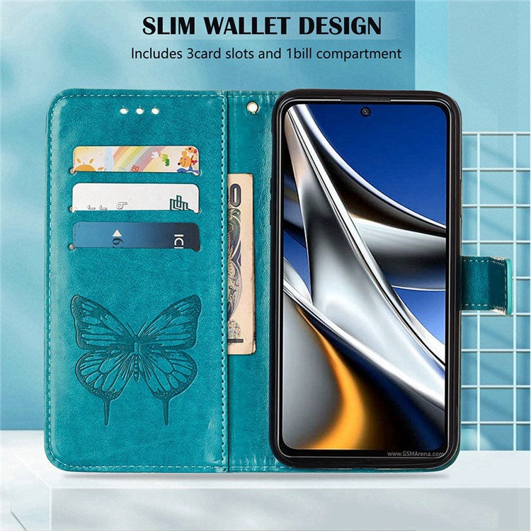 YB Imprinting Series-4 for Google Pixel 6a PU Leather Butterfly Flower Pattern Imprinted Flip Wallet Case Magnetic Closed Folding Stand Cover with Wrist Strap - Blue
