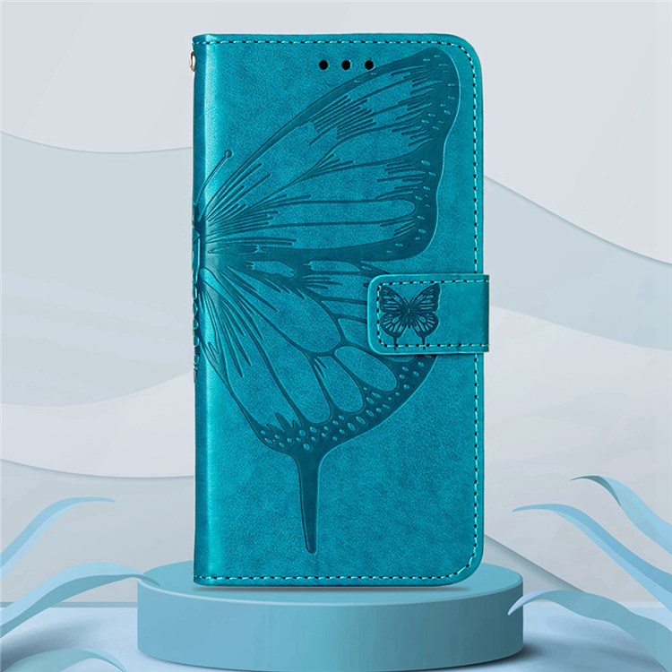 YB Imprinting Series-4 for Google Pixel 6a PU Leather Butterfly Flower Pattern Imprinted Flip Wallet Case Magnetic Closed Folding Stand Cover with Wrist Strap - Blue