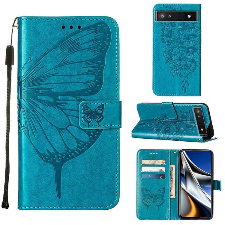 YB Imprinting Series-4 for Google Pixel 6a PU Leather Butterfly Flower Pattern Imprinted Flip Wallet Case Magnetic Closed Folding Stand Cover with Wrist Strap - Blue