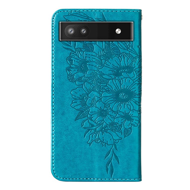 YB Imprinting Series-4 for Google Pixel 6a PU Leather Butterfly Flower Pattern Imprinted Flip Wallet Case Magnetic Closed Folding Stand Cover with Wrist Strap - Blue