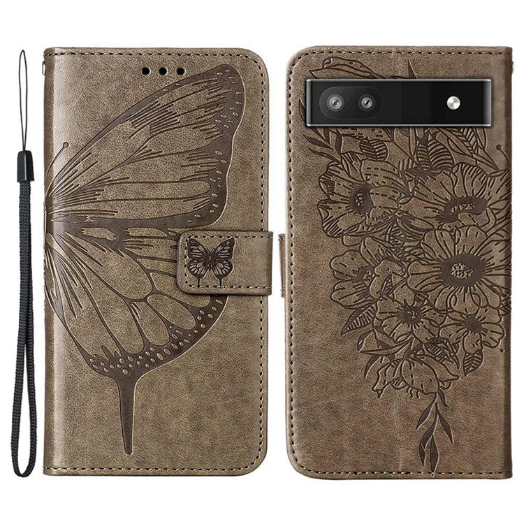 YB Imprinting Series-4 for Google Pixel 6a PU Leather Butterfly Flower Pattern Imprinted Flip Wallet Case Magnetic Closed Folding Stand Cover with Wrist Strap - Grey