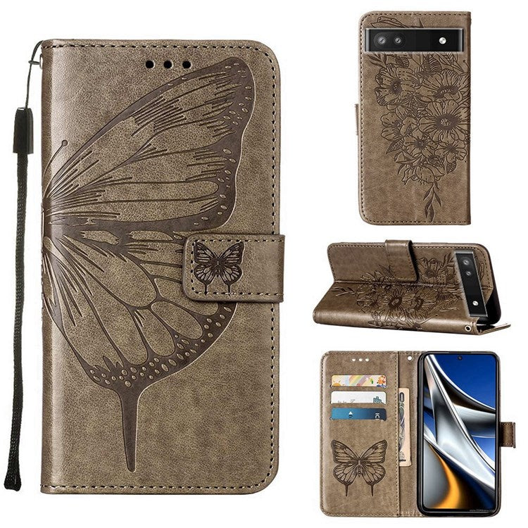 YB Imprinting Series-4 for Google Pixel 6a PU Leather Butterfly Flower Pattern Imprinted Flip Wallet Case Magnetic Closed Folding Stand Cover with Wrist Strap - Grey